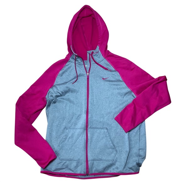 Nike Tops - Nike Therma-FIT Womens Full Zip Hoodie Grey Pink Colorblock XL Thumbholes